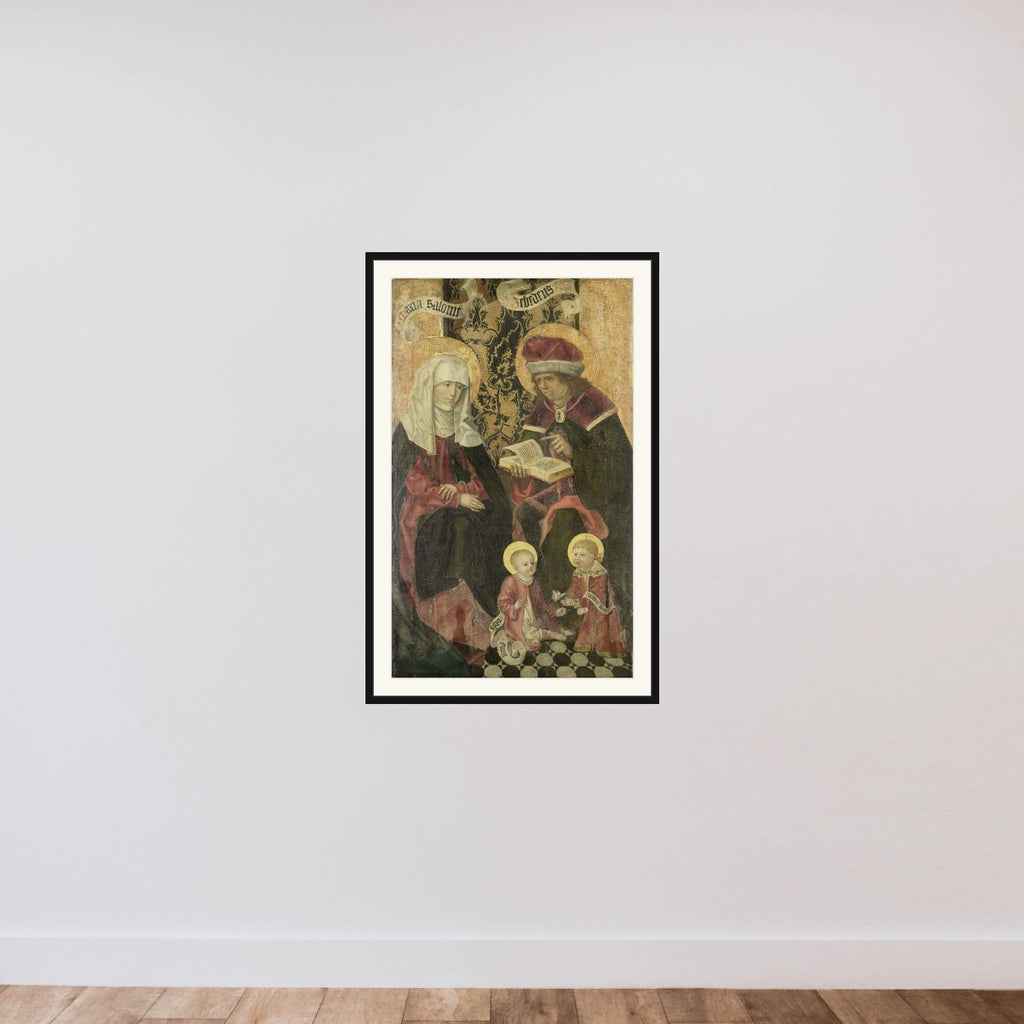 The Family of Zebedee / Angel Gabriel from an Annunciation (remnants on the verso) framed — shown to scale
