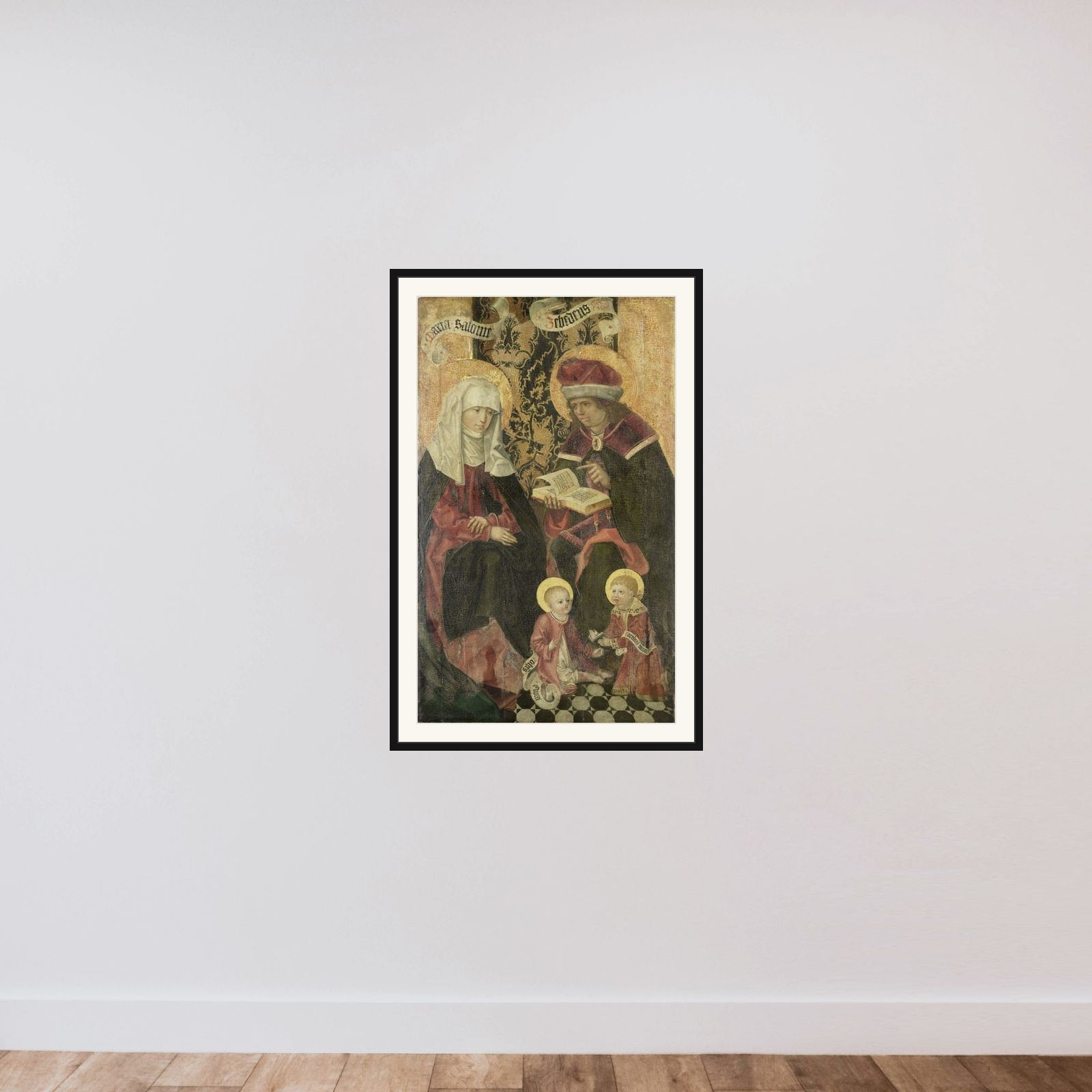 The Family of Zebedee / Angel Gabriel from an Annunciation (remnants on the verso) framed — shown to scale