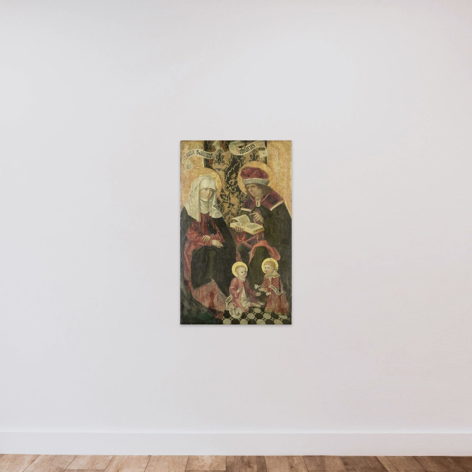 The Family of Zebedee / Angel Gabriel from an Annunciation (remnants on the verso) unframed — shown to scale