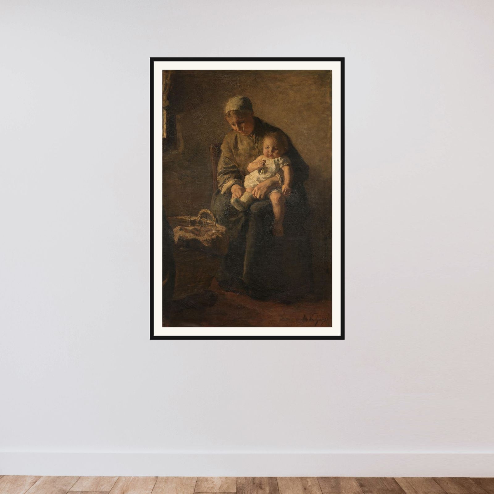 A Mother with her Child framed — shown to scale