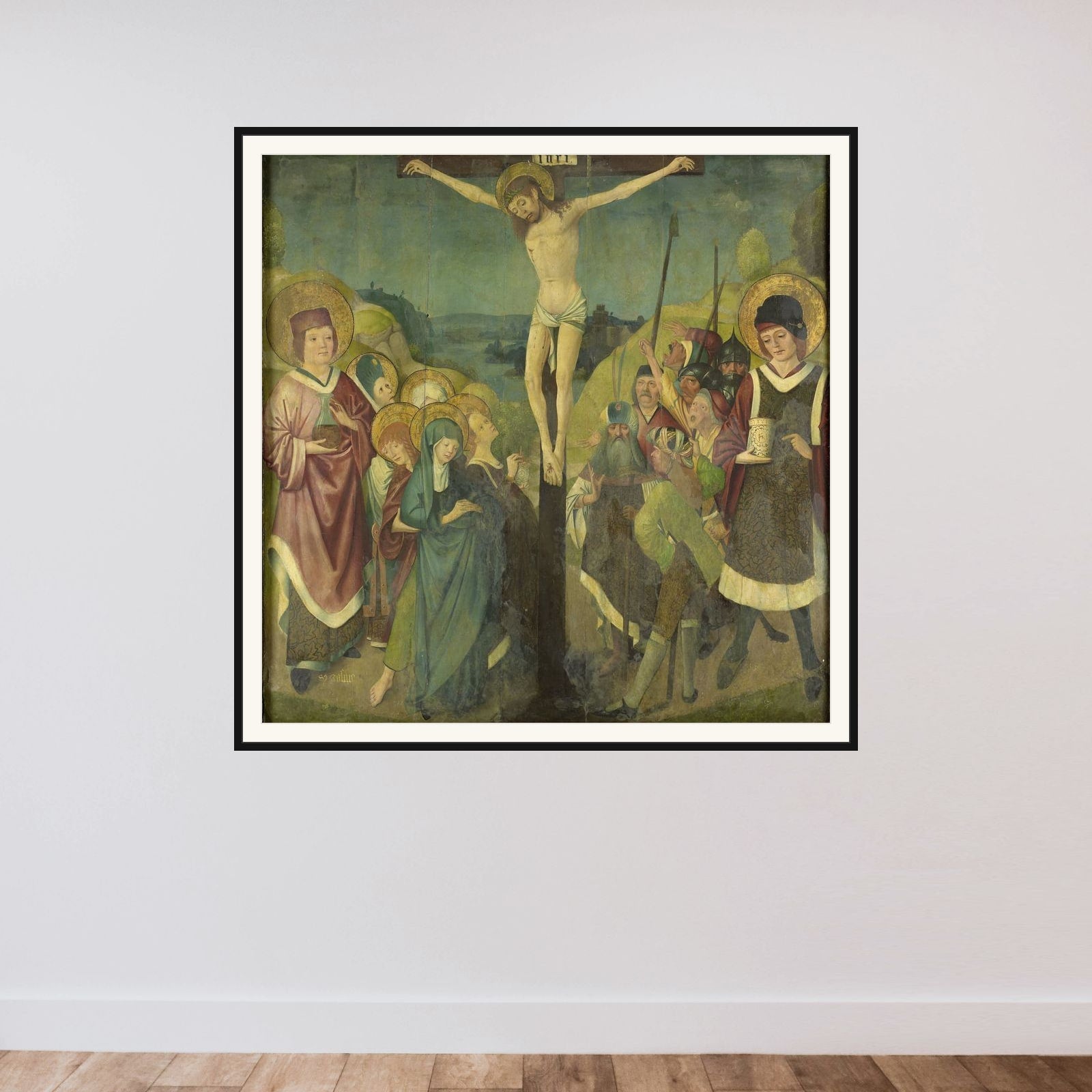 Crucifixion with Saints Cosmas and Damian framed — shown to scale