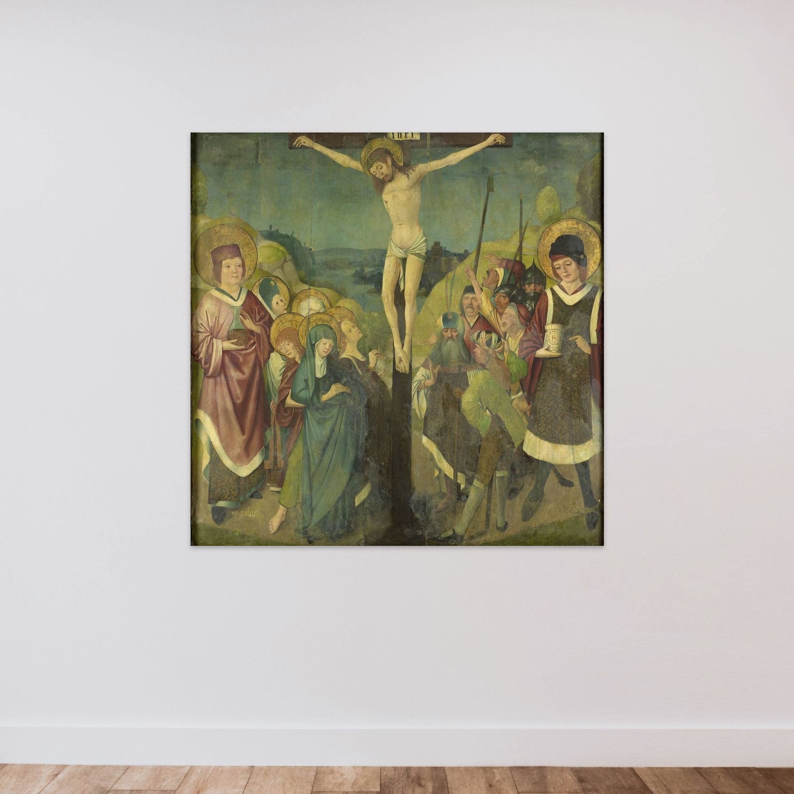 Crucifixion with Saints Cosmas and Damian unframed — shown to scale