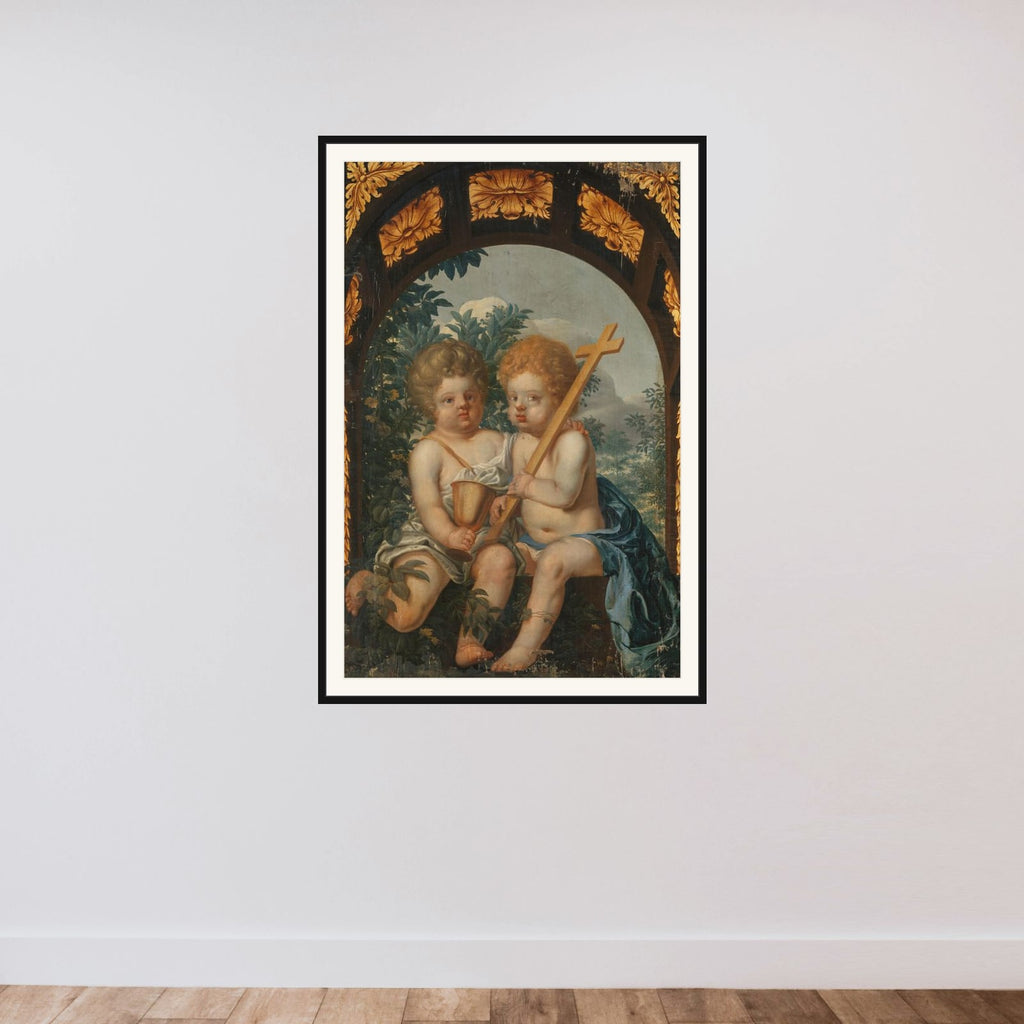 Christian Allegory with two Children with Cross and Chalice framed — shown to scale