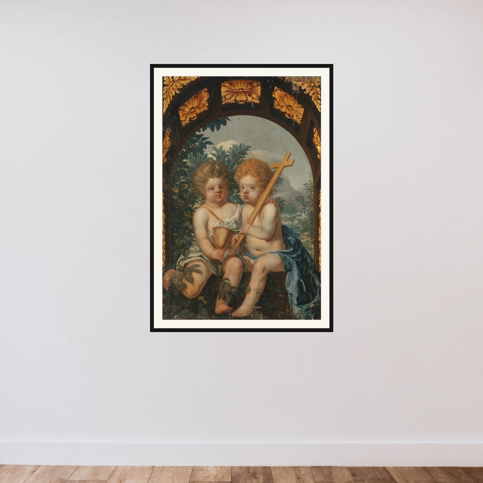 Christian Allegory with two Children with Cross and Chalice framed — shown to scale