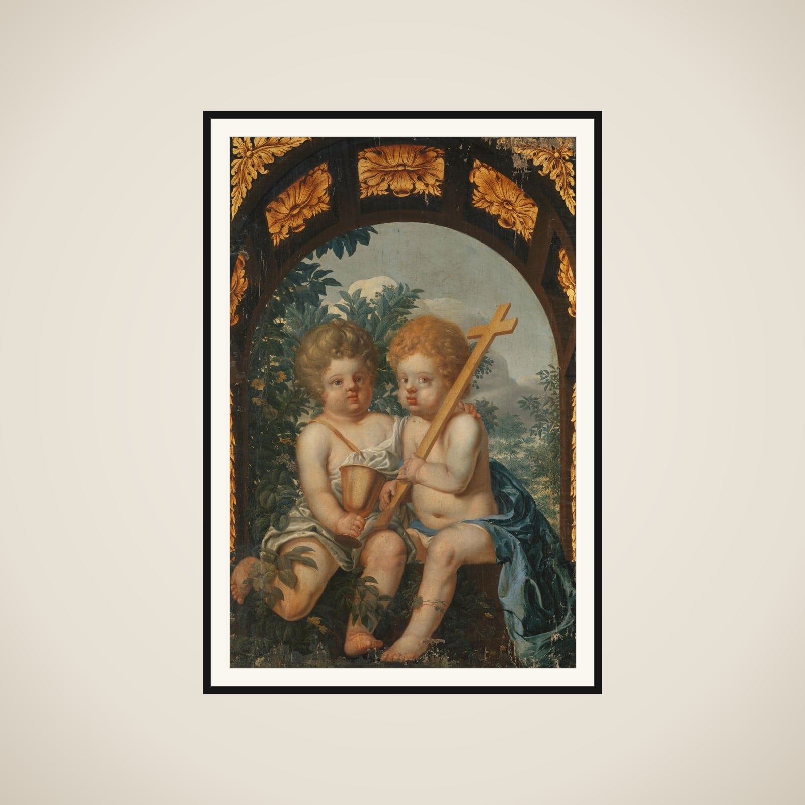 Christian Allegory with two Children with Cross and Chalice framed