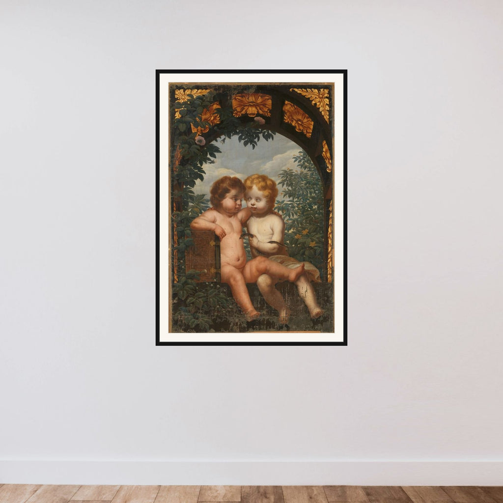 Christian Allegory with two Children with a Bible and Snake framed — shown to scale