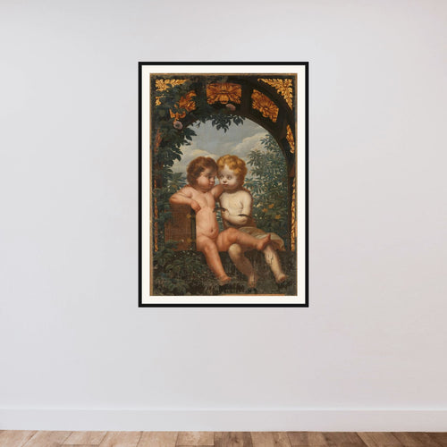 Christian Allegory with two Children with a Bible and Snake framed — shown to scale
