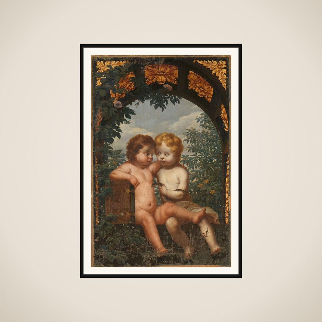 Christian Allegory with two Children with a Bible and Snake framed