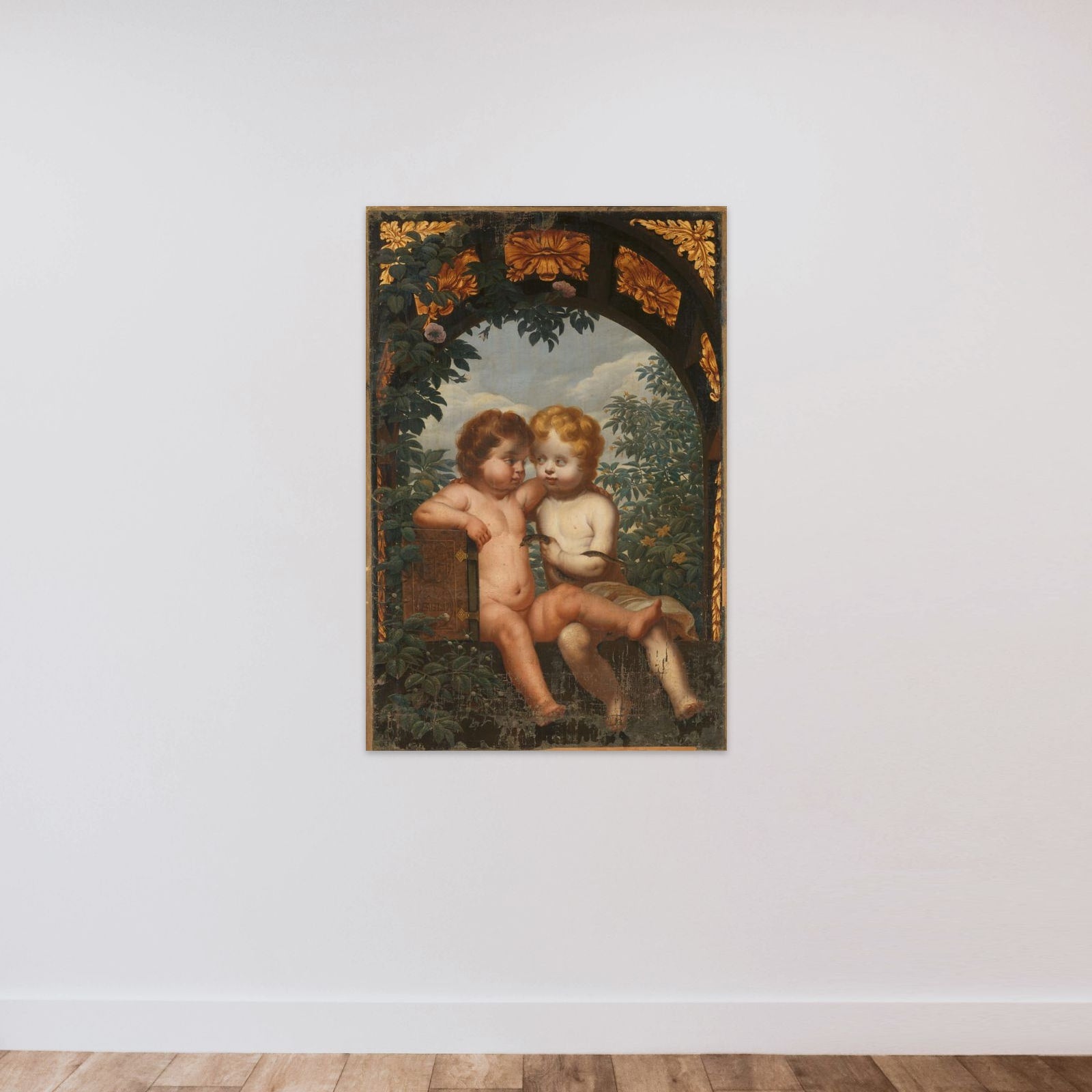 Christian Allegory with two Children with a Bible and Snake unframed — shown to scale