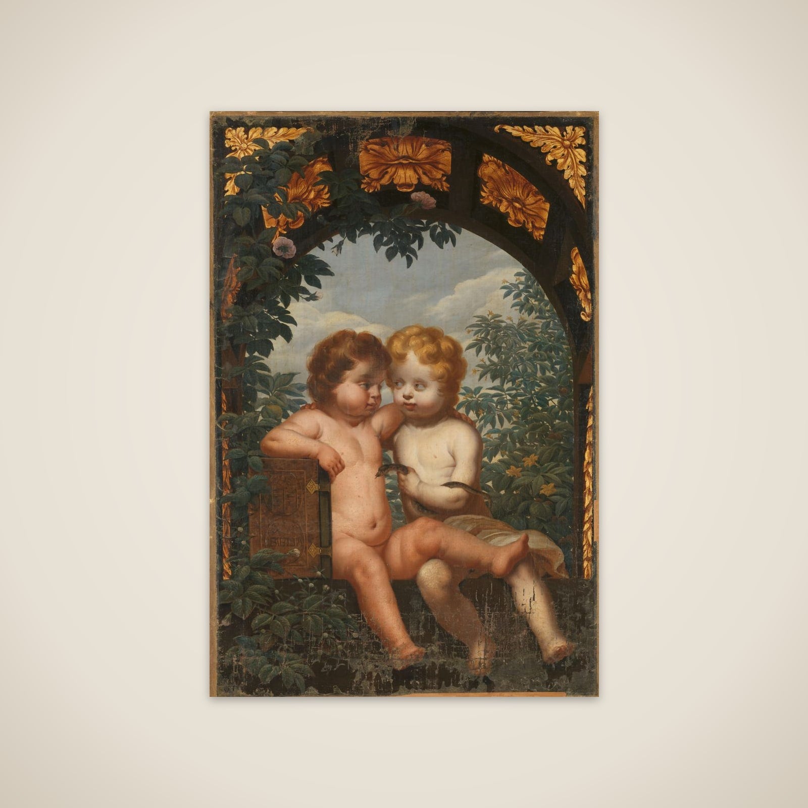 Christian Allegory with two Children with a Bible and Snake unframed print