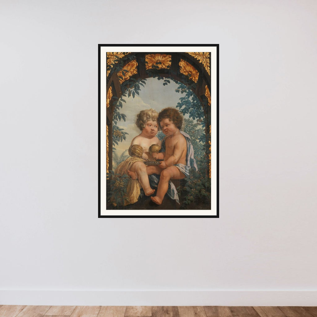 Christian Allegory with two Children both Pouring from a Carafe into a Bowl framed — shown to scale