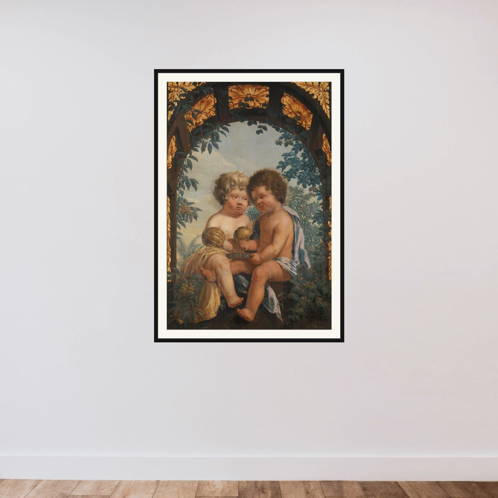 Christian Allegory with two Children both Pouring from a Carafe into a Bowl framed — shown to scale
