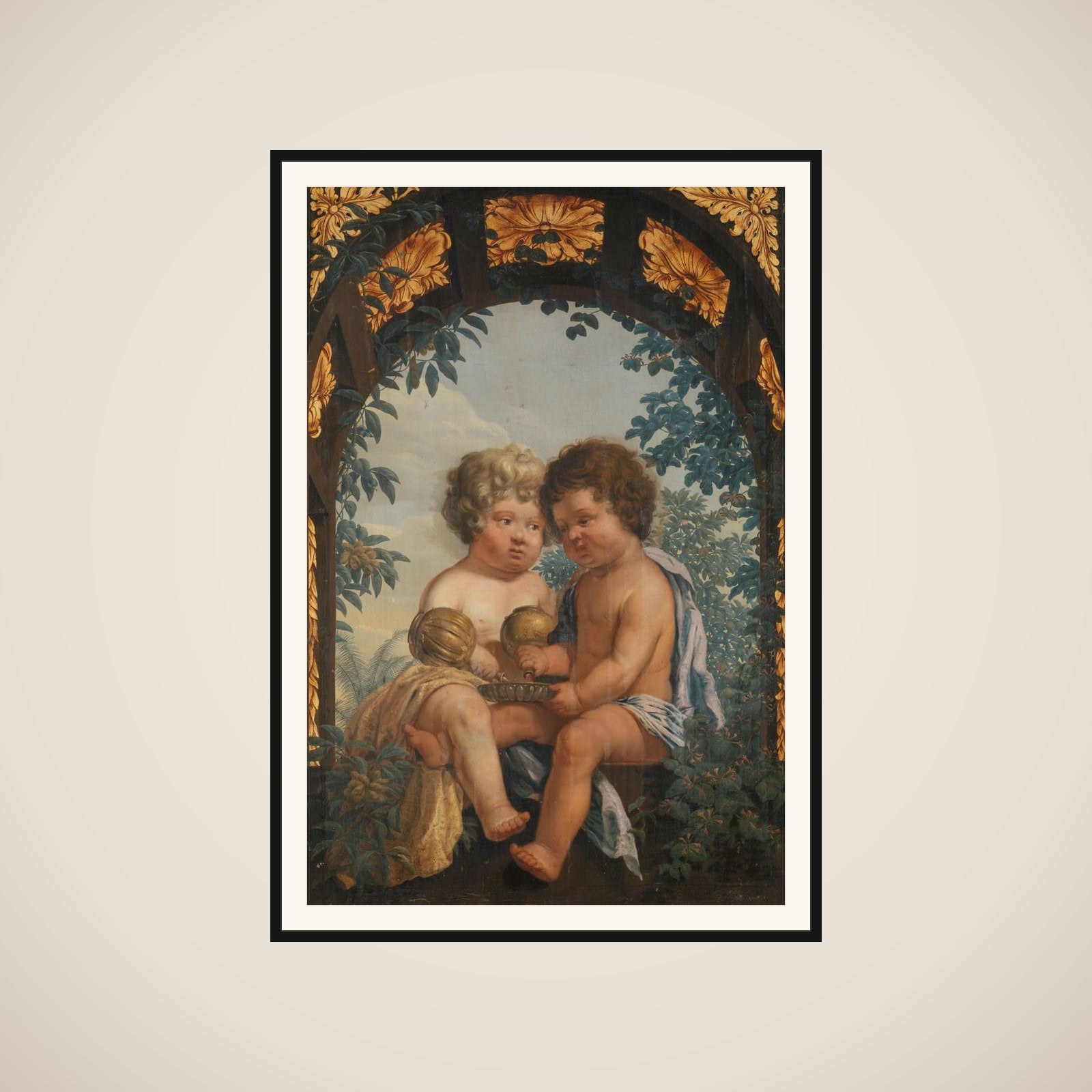 Christian Allegory with two Children both Pouring from a Carafe into a Bowl framed
