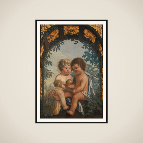 Christian Allegory with two Children both Pouring from a Carafe into a Bowl framed