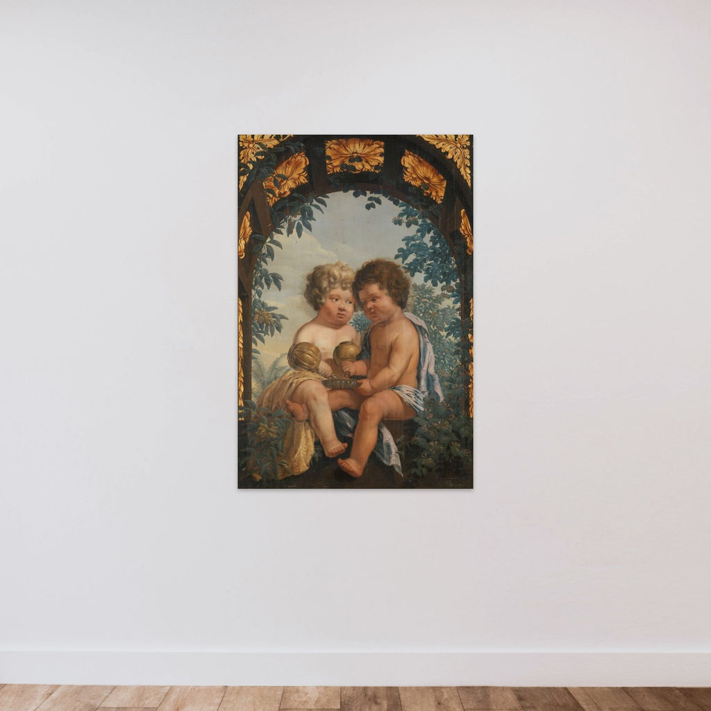 Christian Allegory with two Children both Pouring from a Carafe into a Bowl unframed — shown to scale