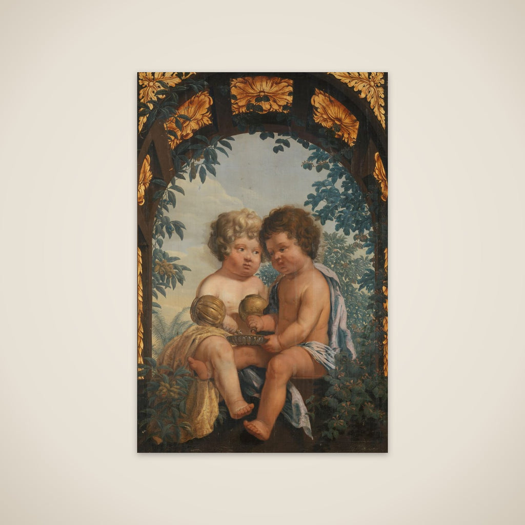 Christian Allegory with two Children both Pouring from a Carafe into a Bowl unframed print