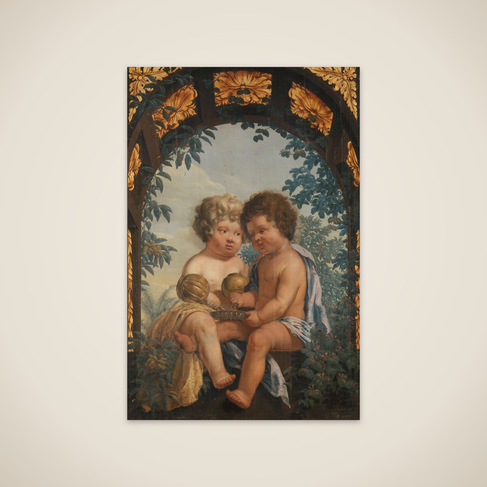 Christian Allegory with two Children both Pouring from a Carafe into a Bowl unframed print