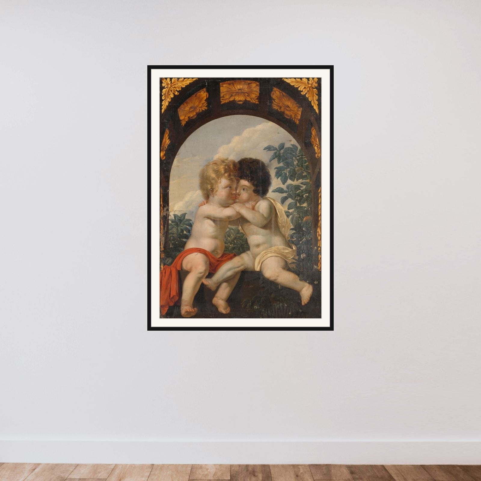 Christian Allegory with two Children Hugging each other framed — shown to scale