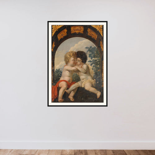 Christian Allegory with two Children Hugging each other framed — shown to scale