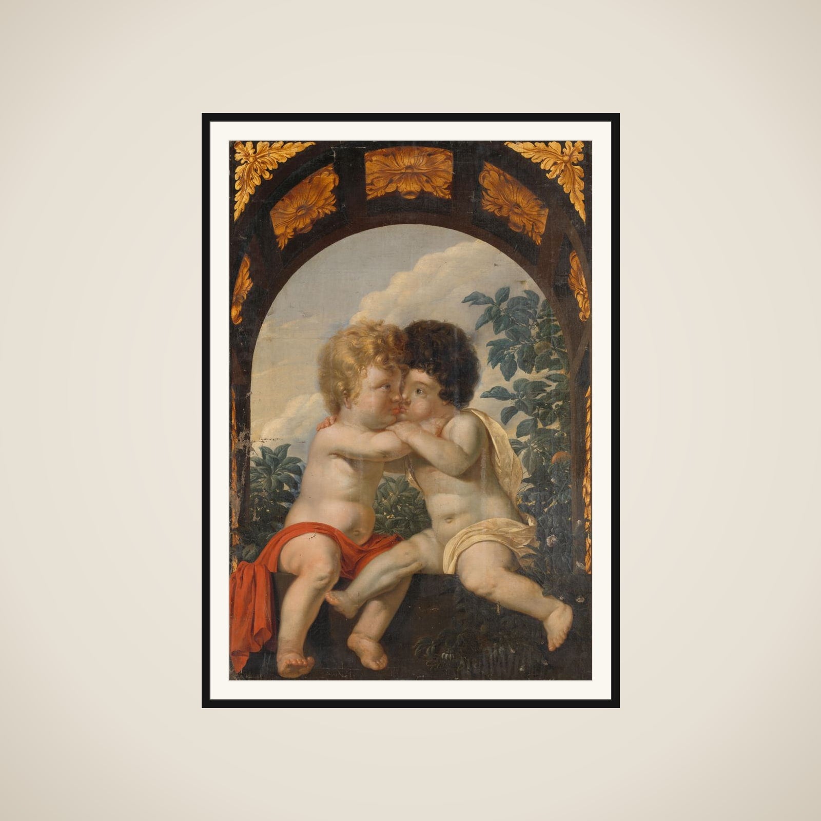 Christian Allegory with two Children Hugging each other framed