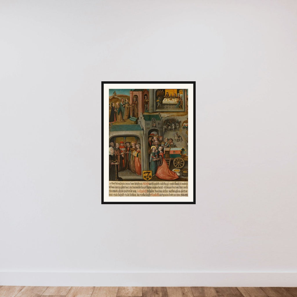 Four scenes from the legend of St Elizabeth of Hungary framed — shown to scale