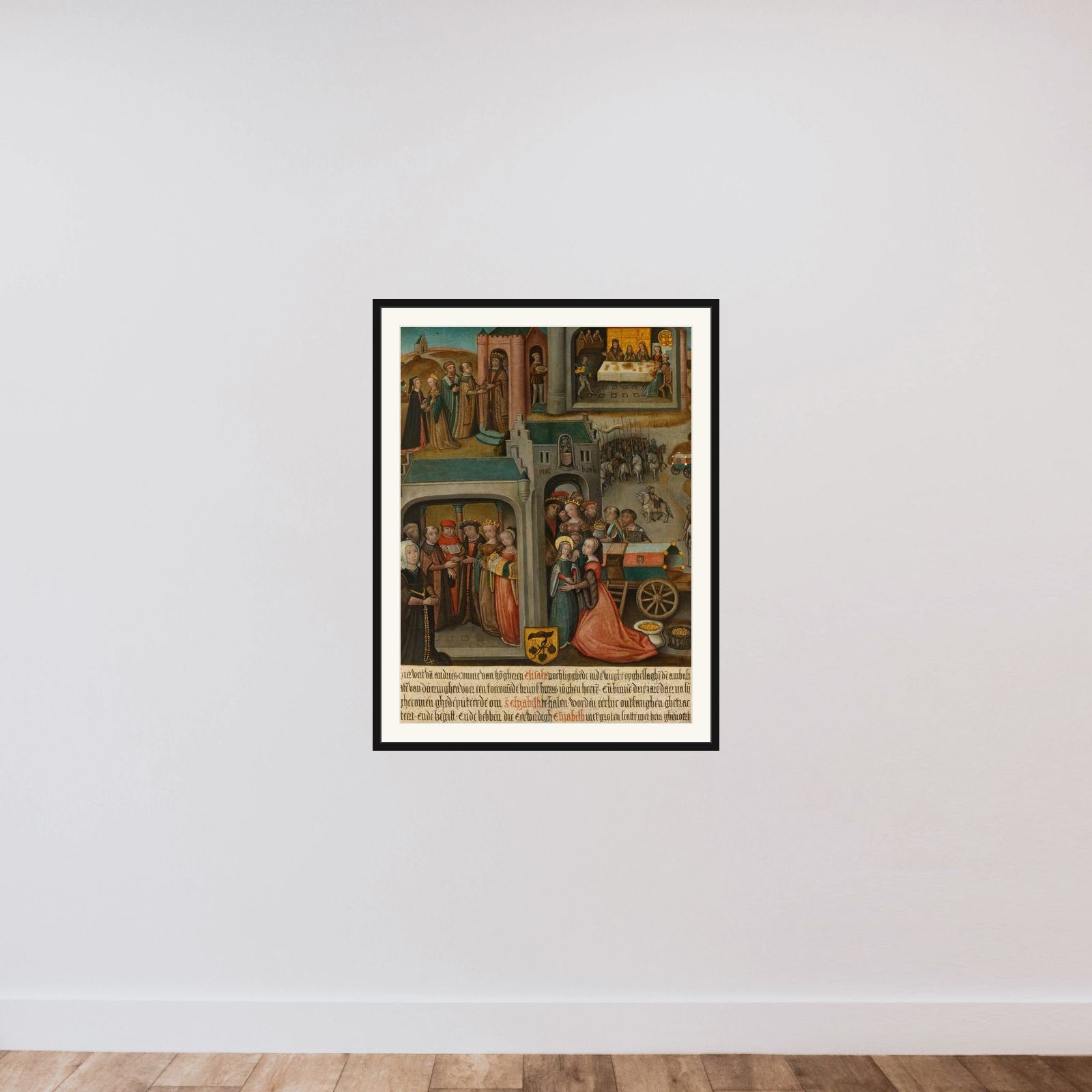 Four scenes from the legend of St Elizabeth of Hungary framed — shown to scale