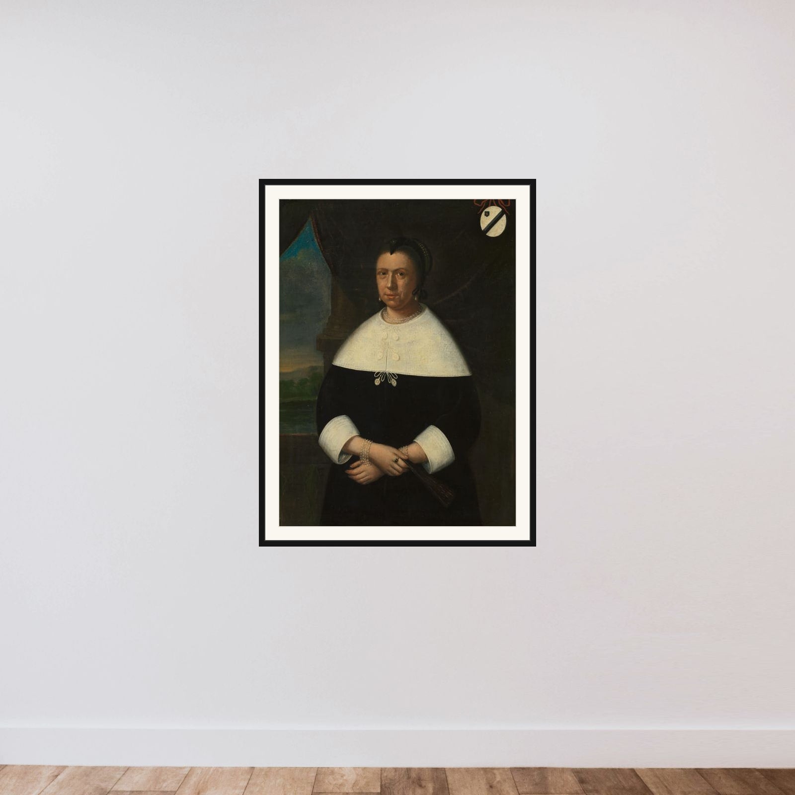 Portrait of Maria de la Queillerie (1629-64), first Wife of Jan van Riebeeck, or his second Wife Maria Scipio (c. 1630-95) framed — shown to scale