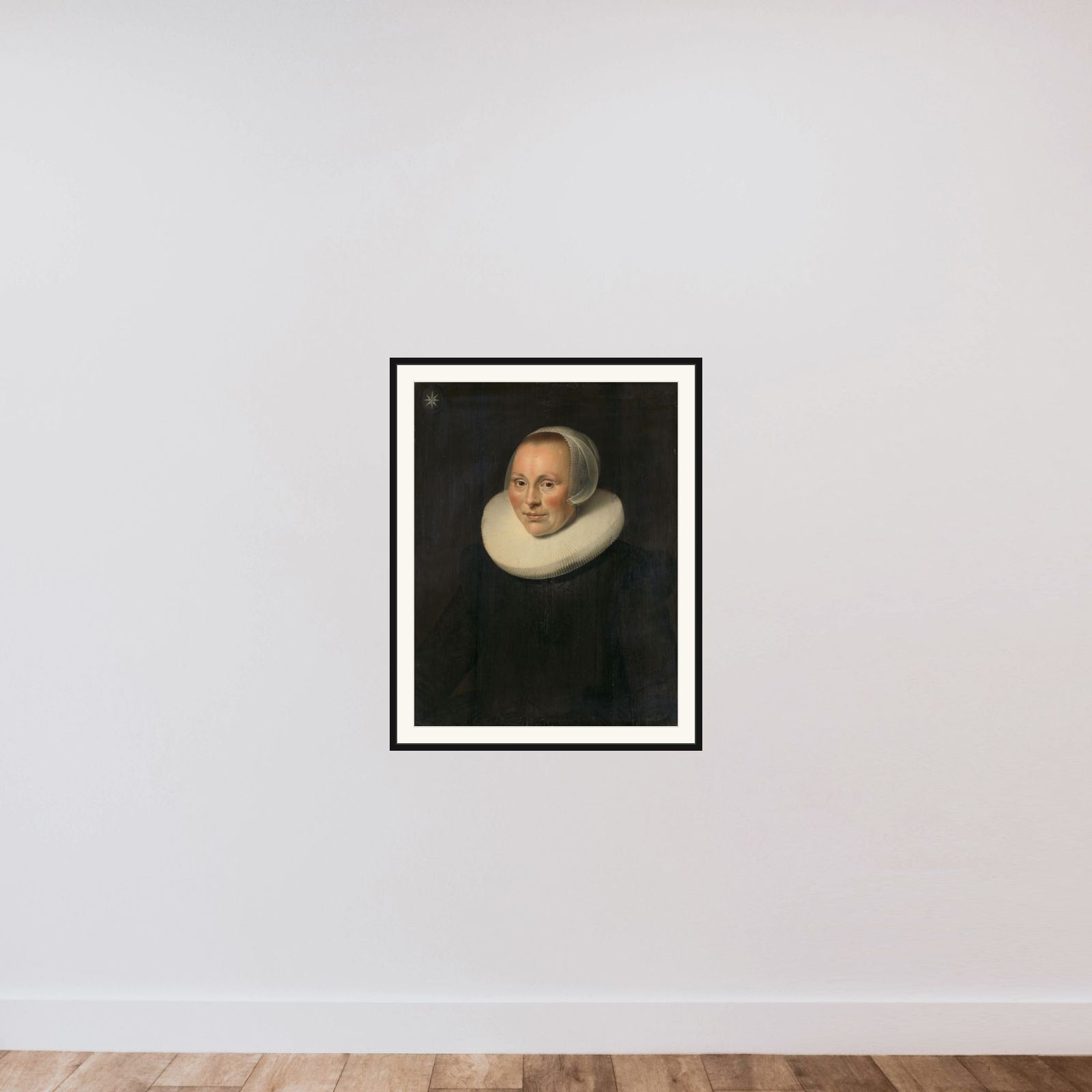 Portrait of a woman framed — shown to scale