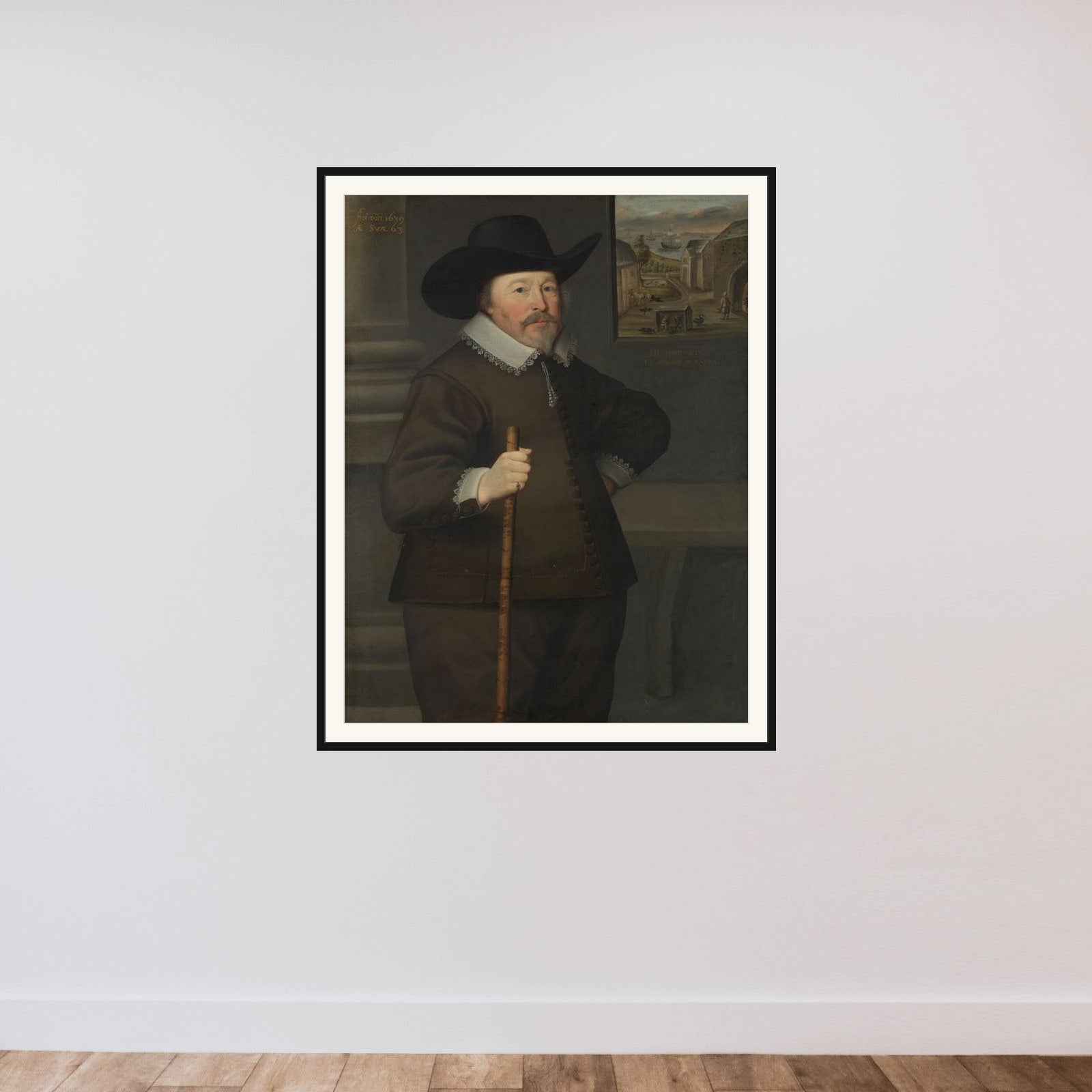 Portrait of a man framed — shown to scale