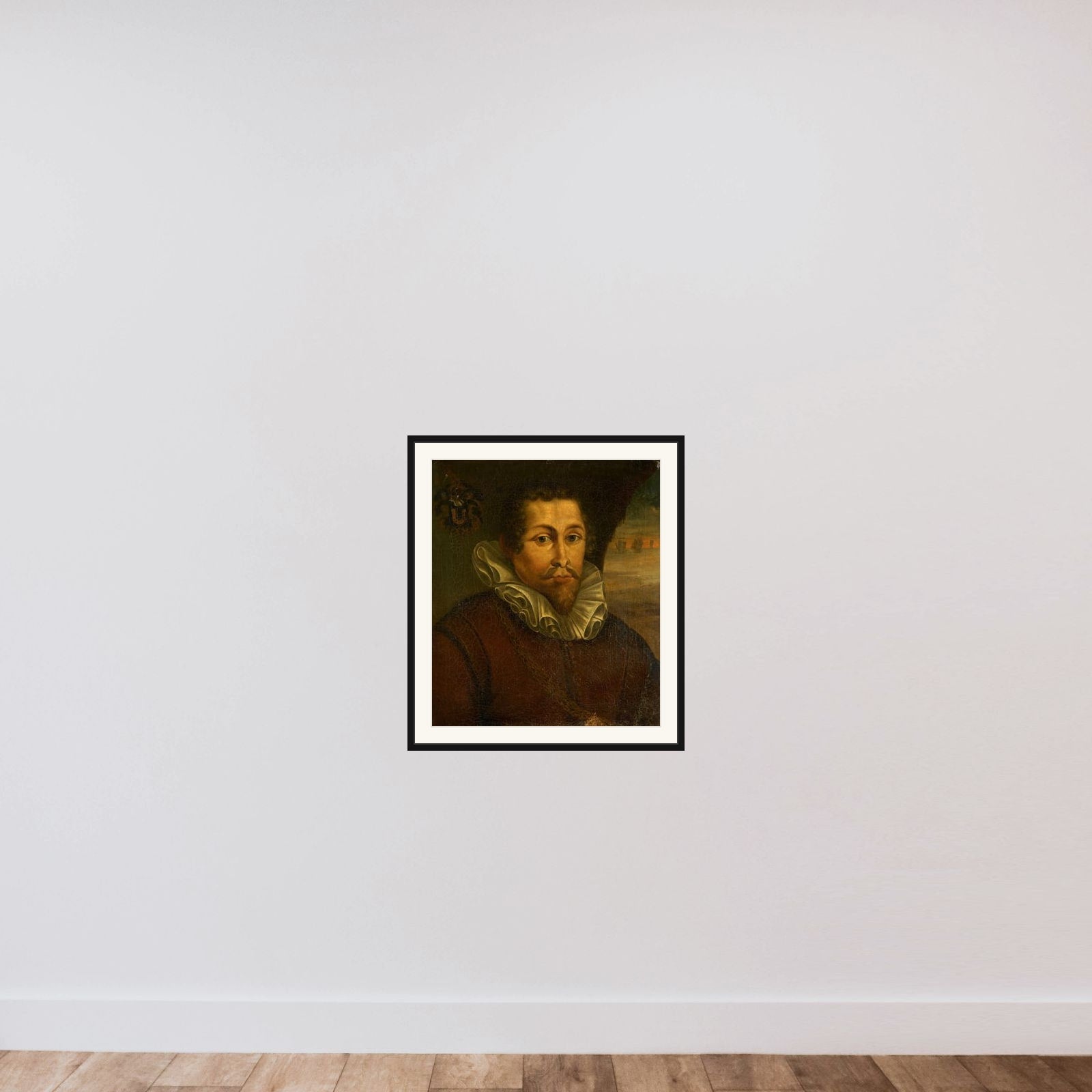 Portrait of Pieter Willemsz Verhoeff (c. 1573-1609) framed — shown to scale