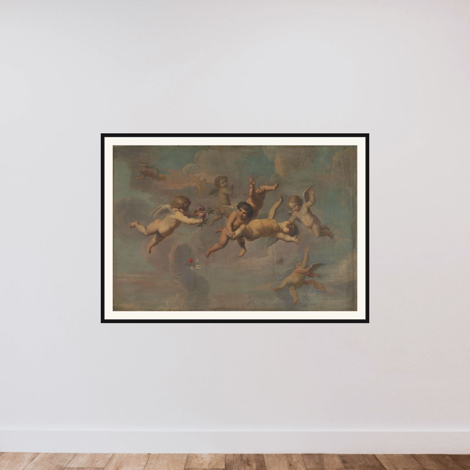 Tumbling Putti with Flowers framed — shown to scale