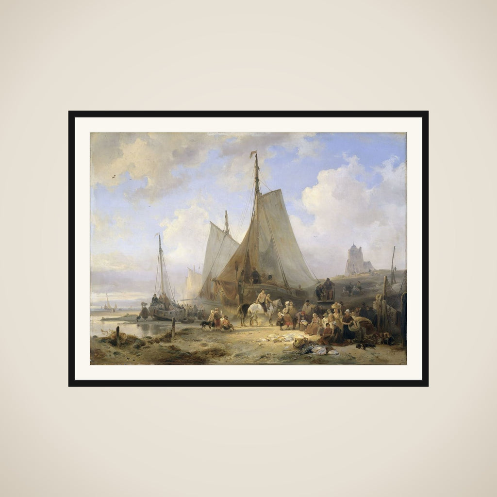 Fishing Boats on the Beach with Fishermen and Women Sorting the Catch framed