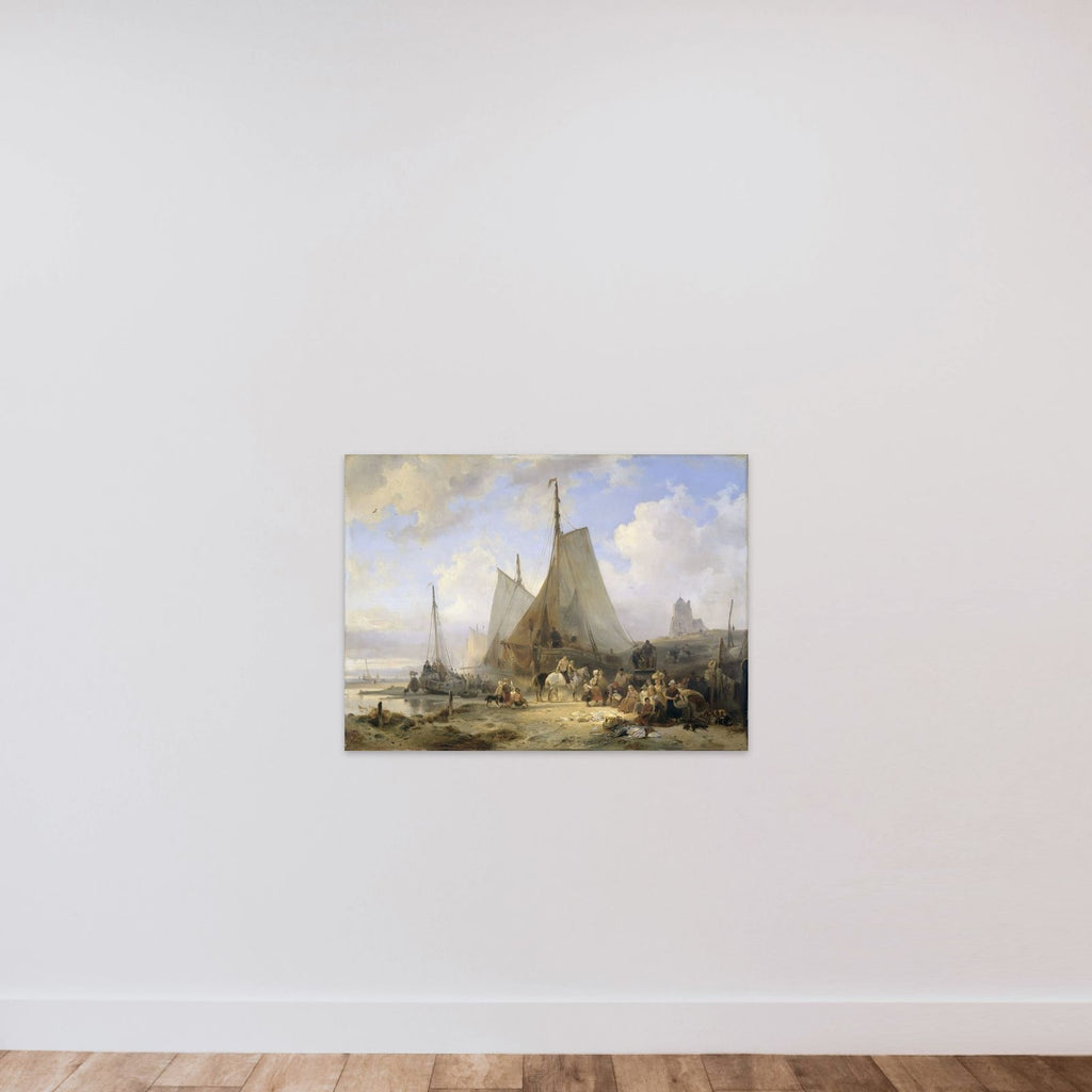 Fishing Boats on the Beach with Fishermen and Women Sorting the Catch unframed — shown to scale