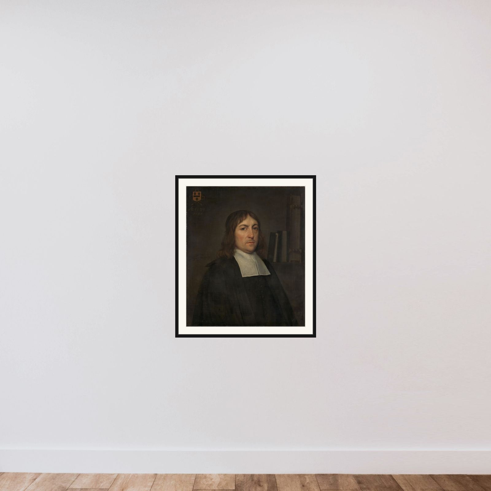 Portrait of Barend Hakvoort (1652-1735), bookseller, church reader and catechism master in Zwolle framed — shown to scale