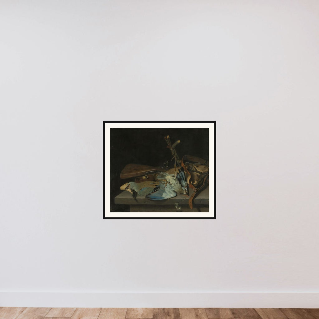 Still life with hunting implements and two European rollers framed — shown to scale