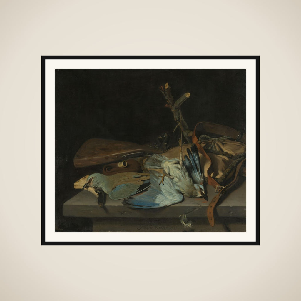 Still life with hunting implements and two European rollers framed
