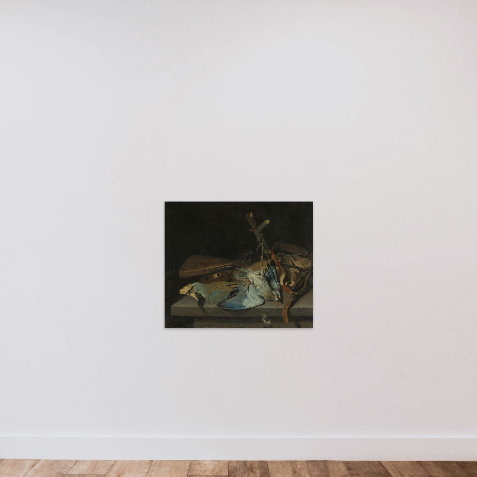 Still life with hunting implements and two European rollers unframed — shown to scale