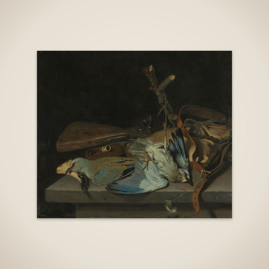 Still life with hunting implements and two European rollers unframed print