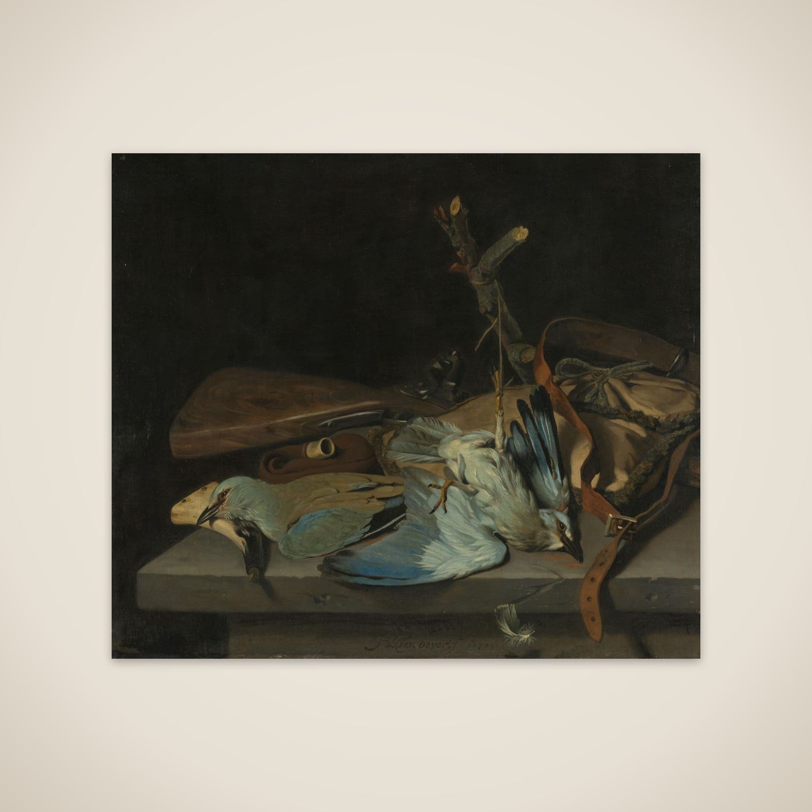 Still life with hunting implements and two European rollers unframed print