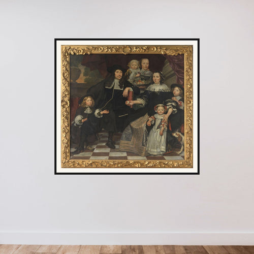 A family on the terrace of a country house framed — shown to scale