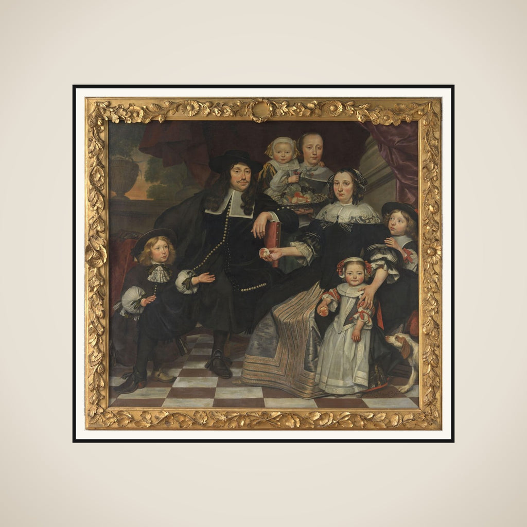 A family on the terrace of a country house framed