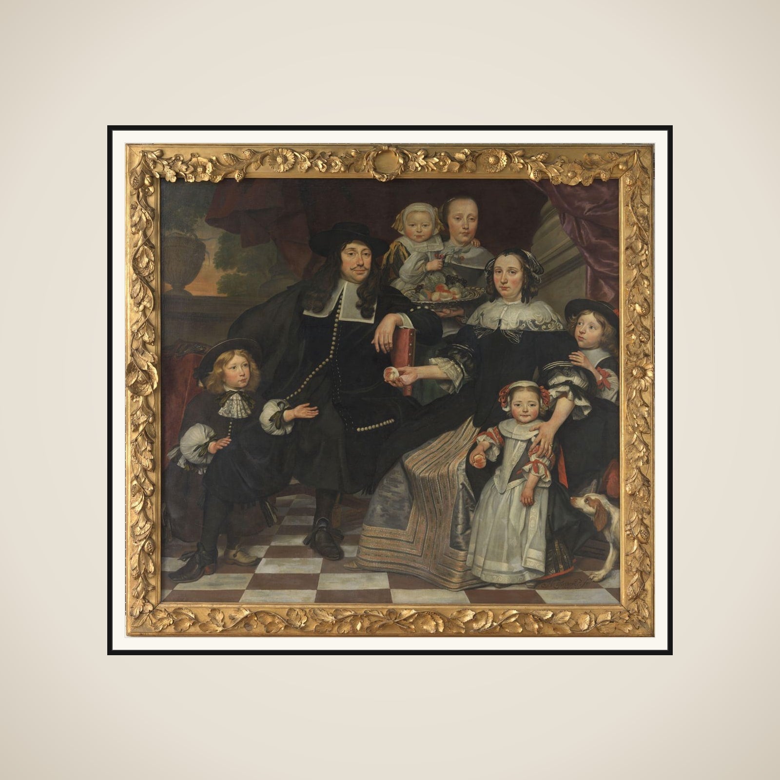 A family on the terrace of a country house framed