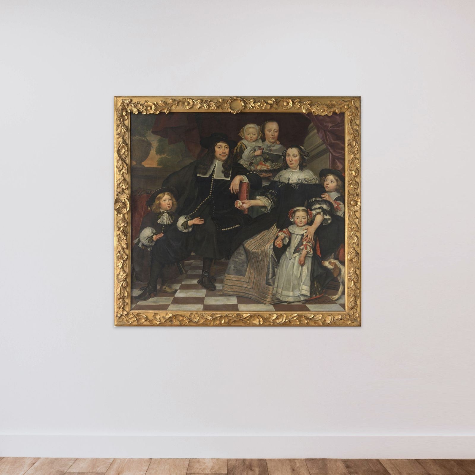 A family on the terrace of a country house unframed — shown to scale