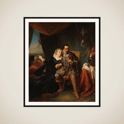 "Magdalena Moons Begs her Fiancé Francisco Valdez to Postpone the Storming of Leiden another night, 1574 framed