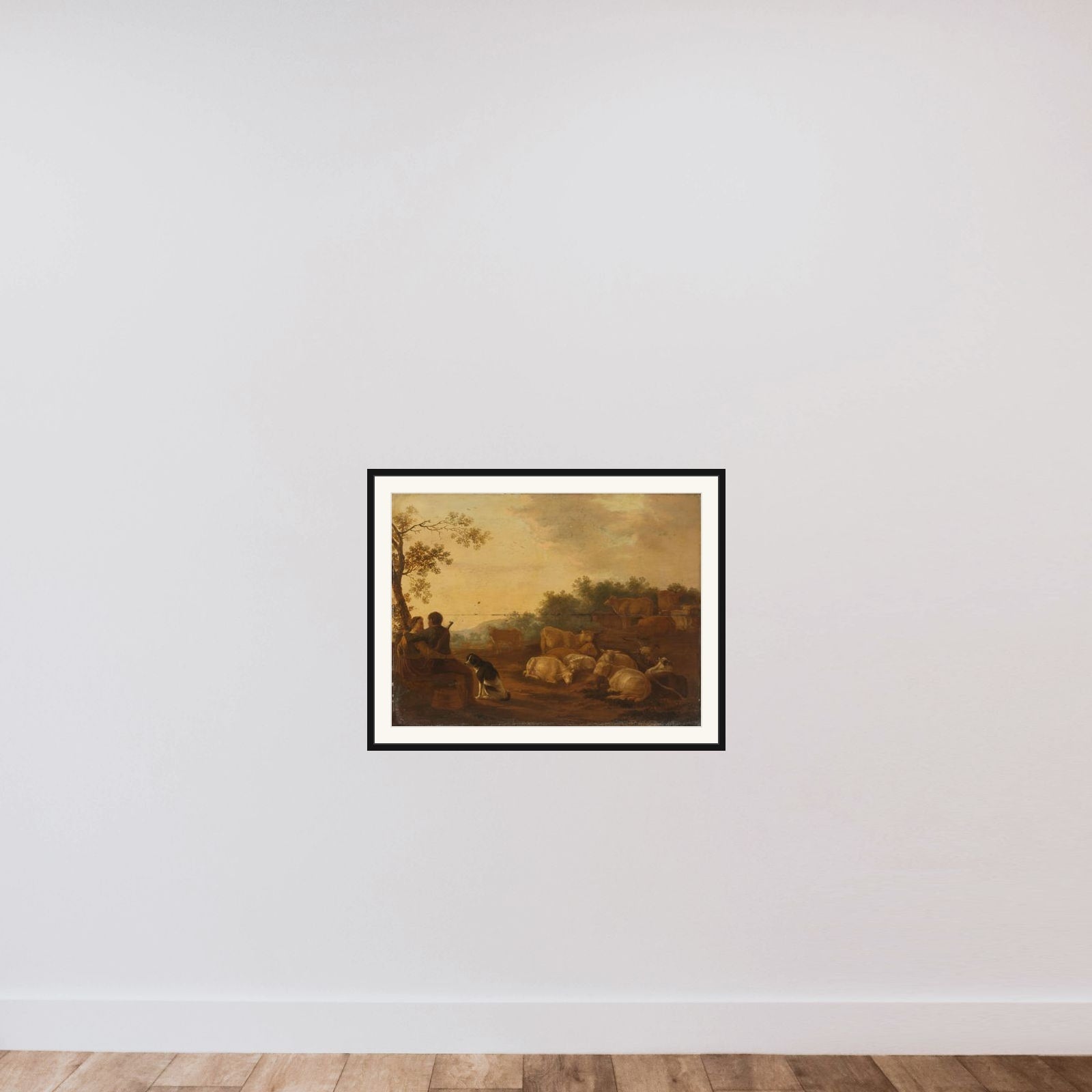 Landscape with sheperd, sheperdess and cattle framed — shown to scale