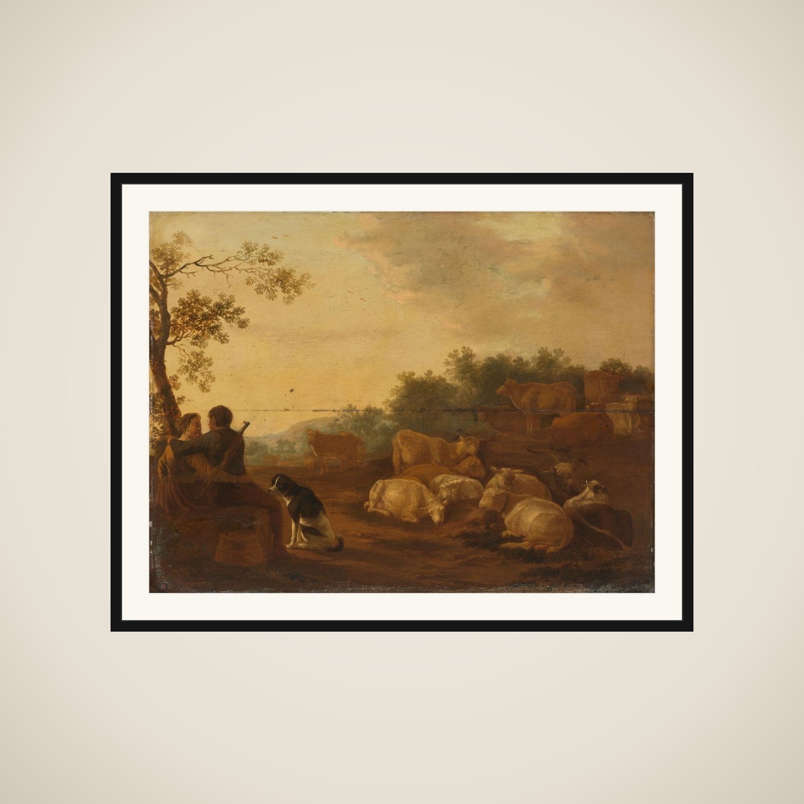 Landscape with sheperd, sheperdess and cattle framed