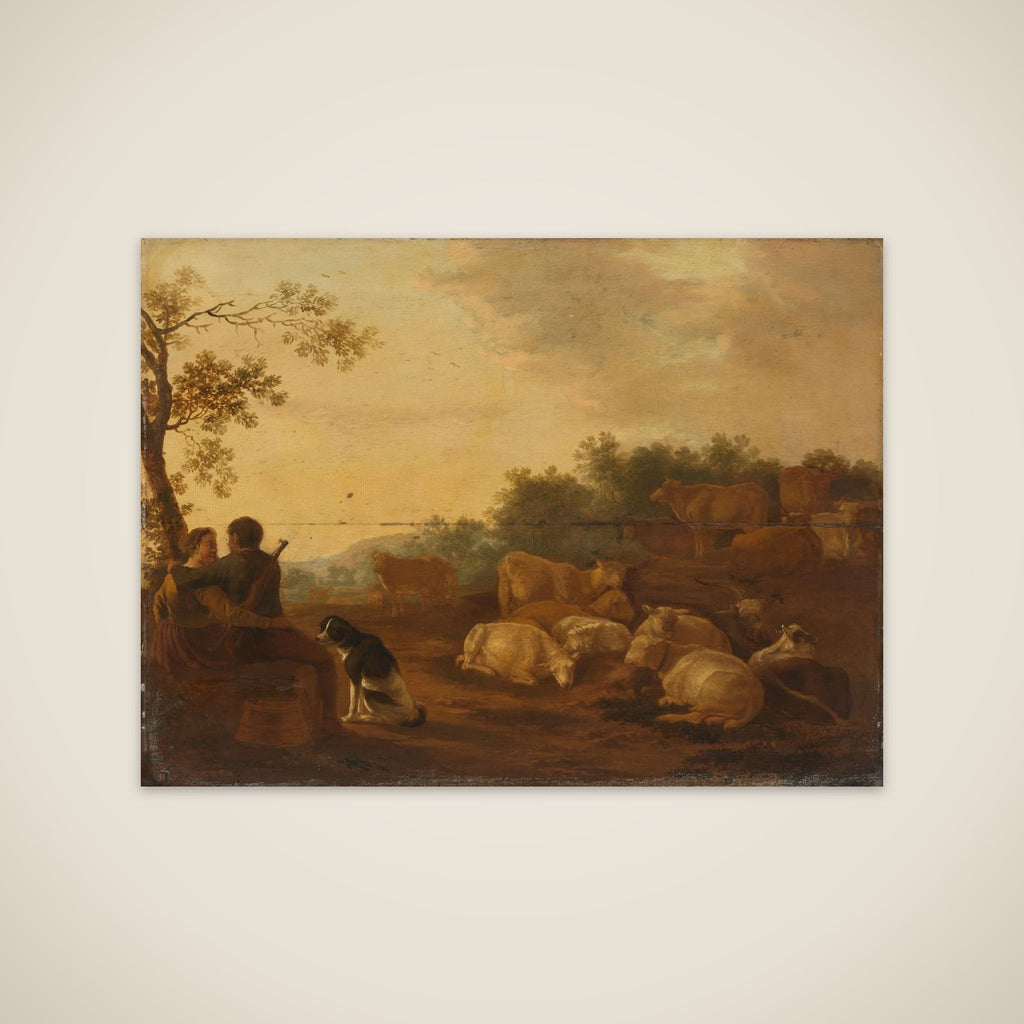 Landscape with sheperd, sheperdess and cattle unframed print