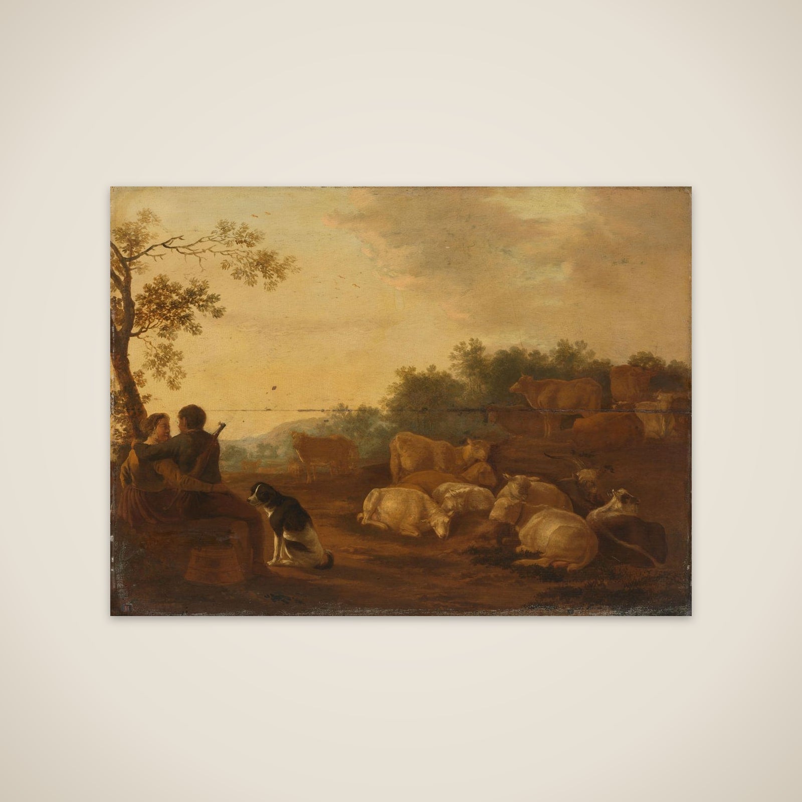 Landscape with sheperd, sheperdess and cattle unframed print