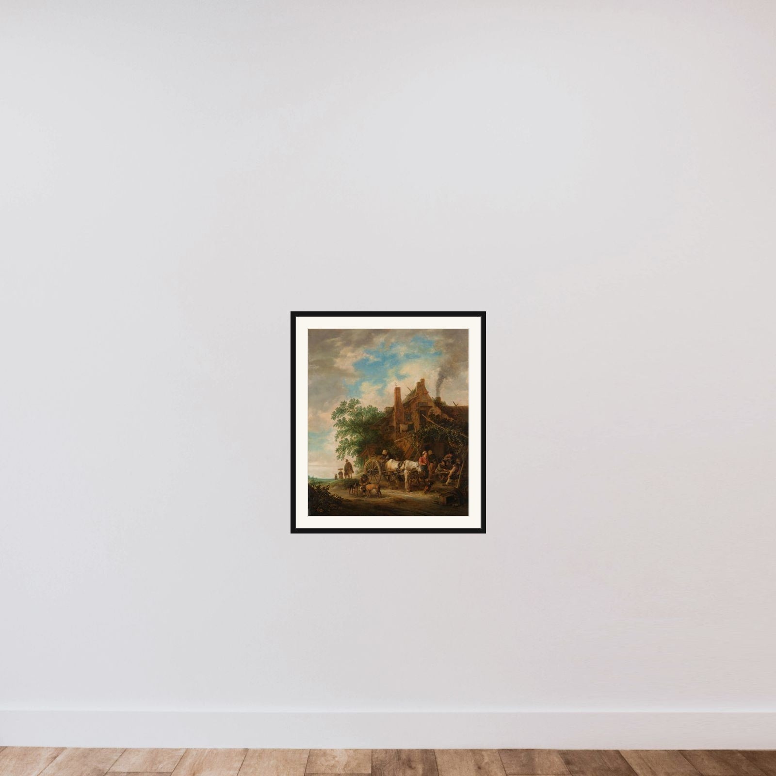 Country inn with horse and wagon framed — shown to scale