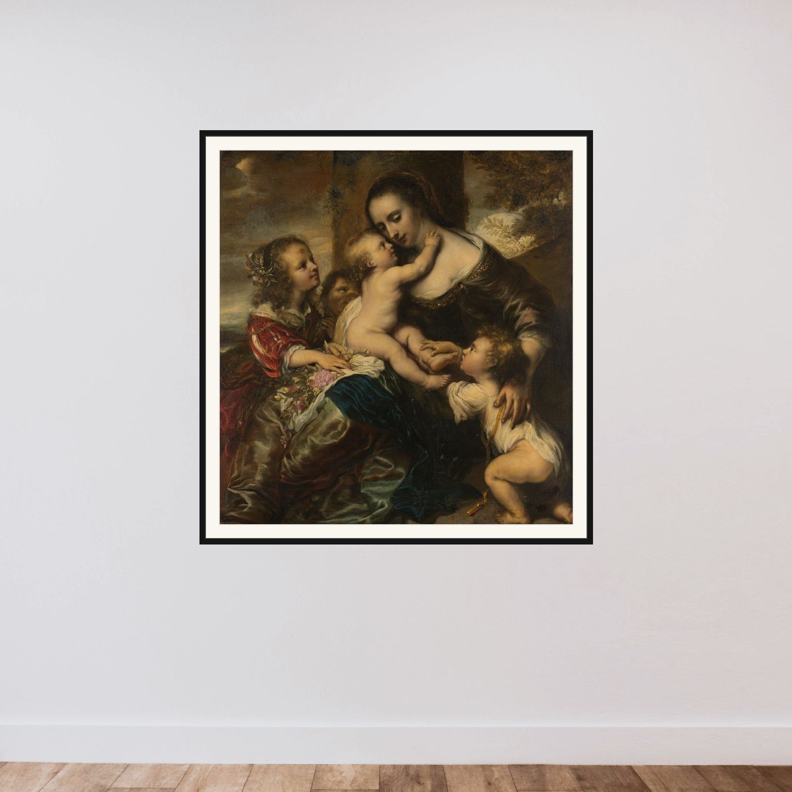 Portrait of a woman with four children, depicted as Caritas framed — shown to scale